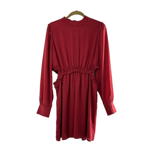 Lulus Red Long-Sleeve Cutout Waist Mini Dress Size L Ruffle Rusty Rose Mock Neck - Picture 1 of 14